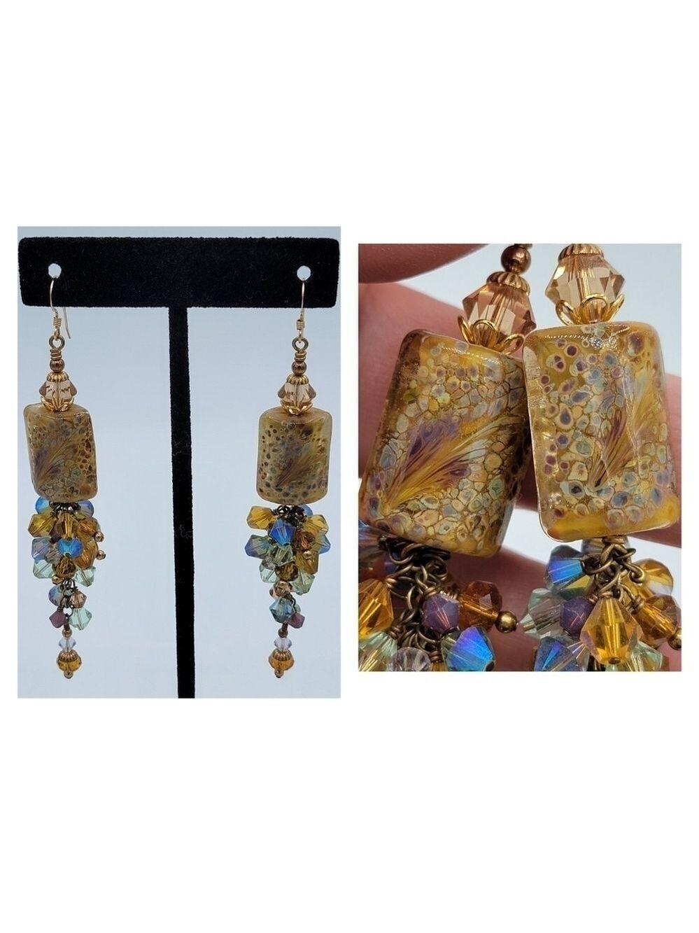 Earrings Gold & Amber Colors Lampwork & Crystals #2051